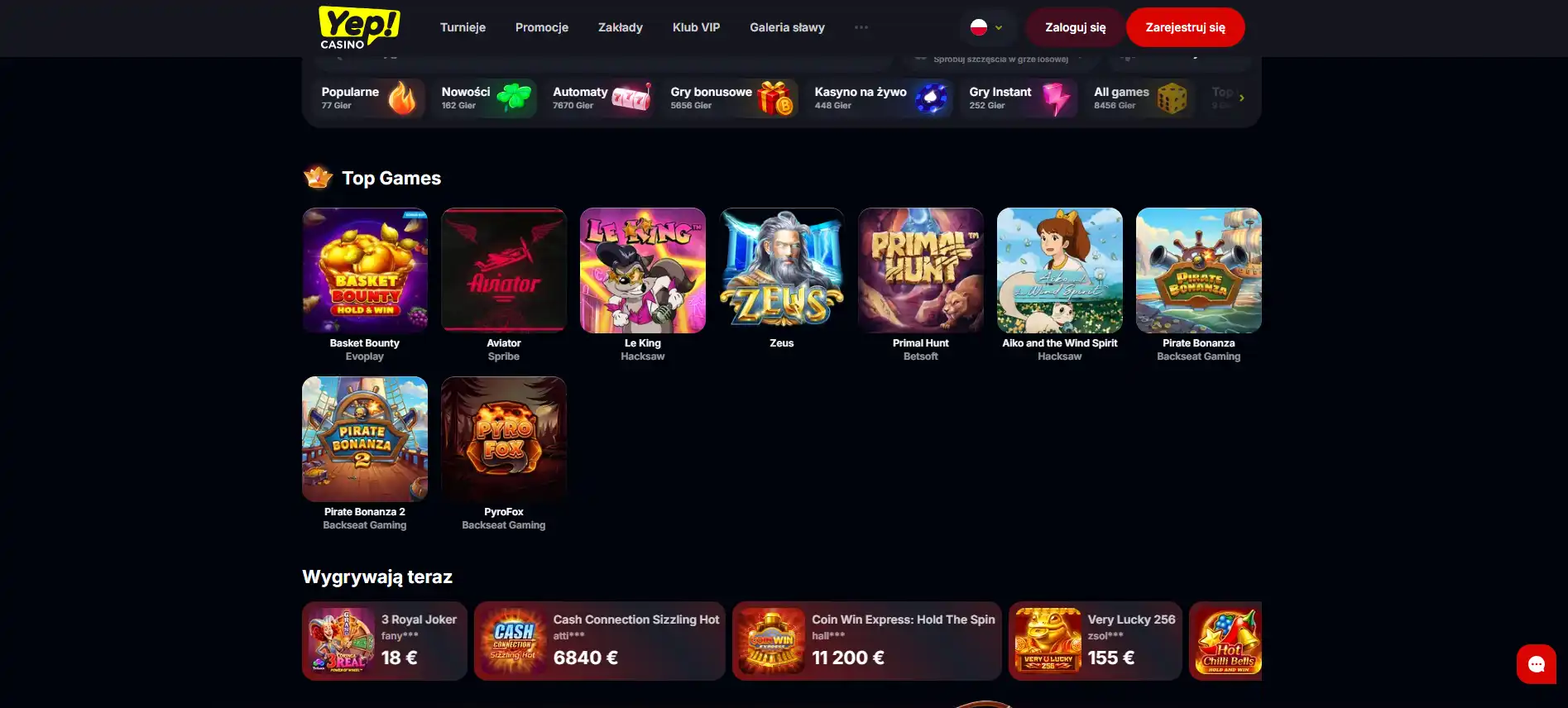 Polskie lobby Yep Casino z kategoriami gier i sekcją dostawców