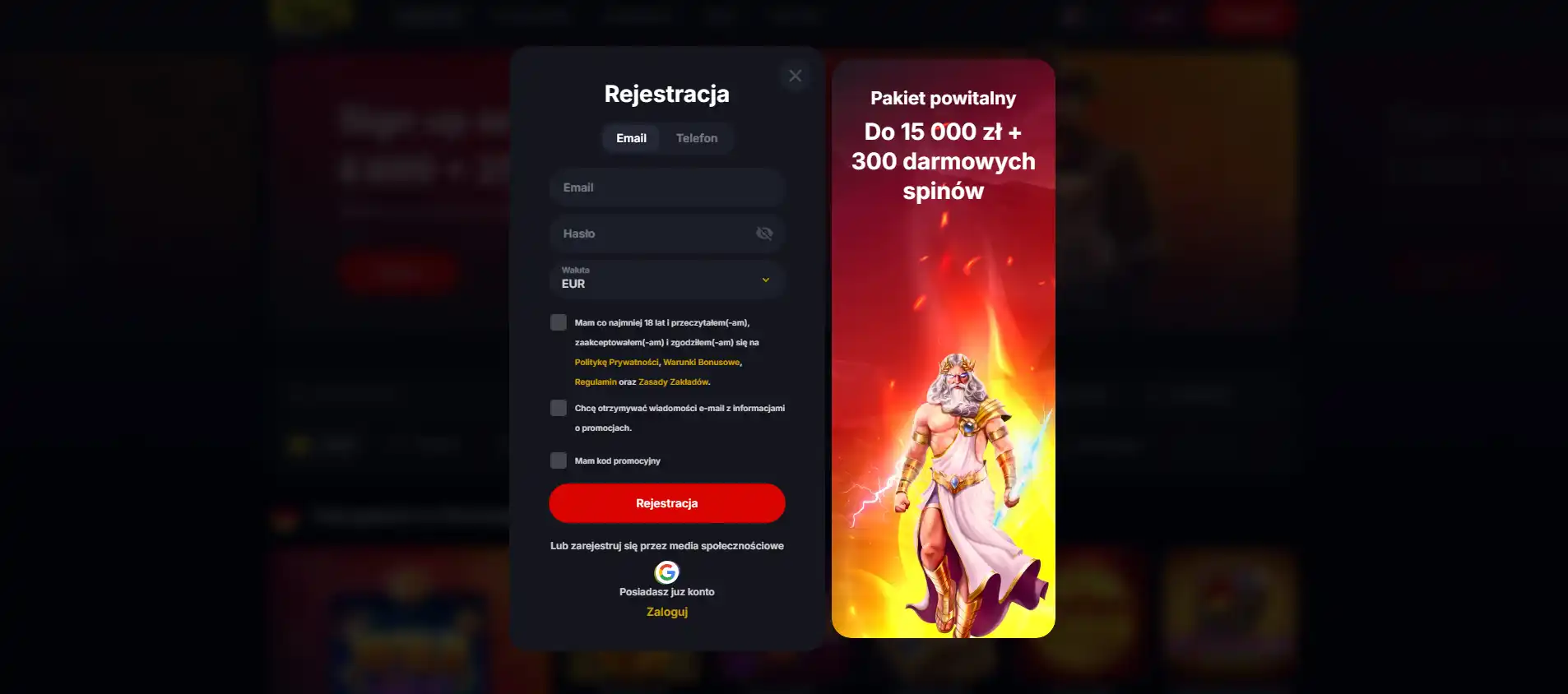 Formularz rejestracji Yep Casino w polskiej wersji serwisu