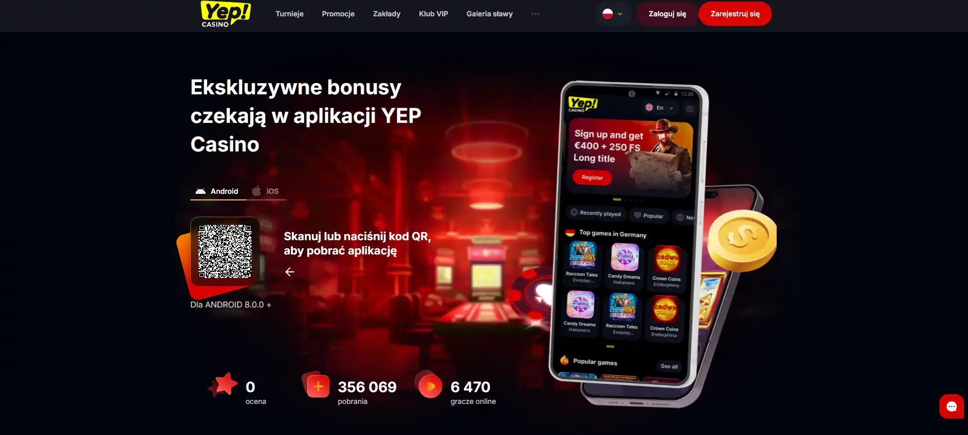 Oficjalna strona aplikacji Yep Casino z instrukcjami dla Androida i iOS