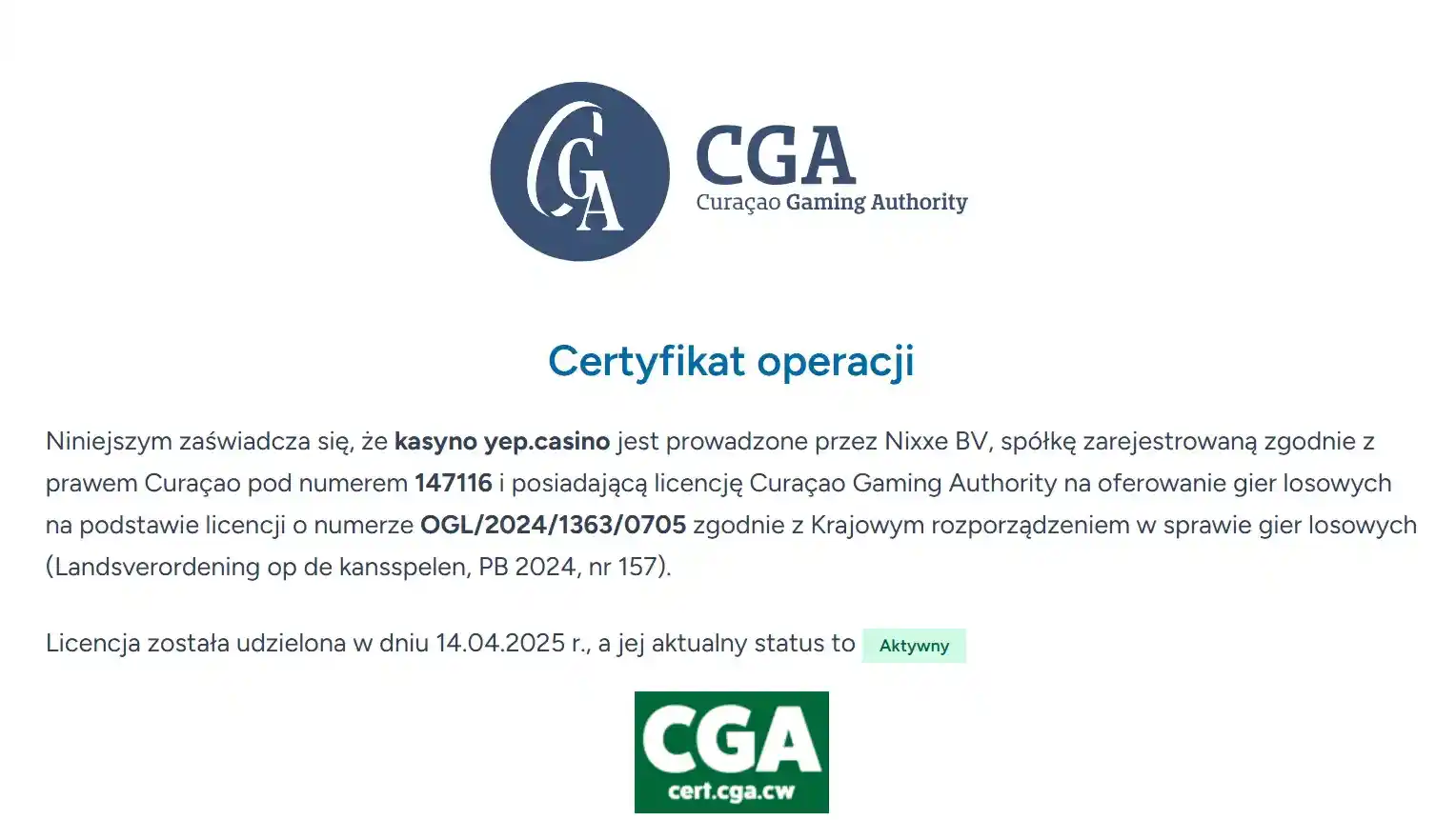 Certyfikat Curaçao Gaming Authority dla domeny yep.casino i Nixxe B.V.