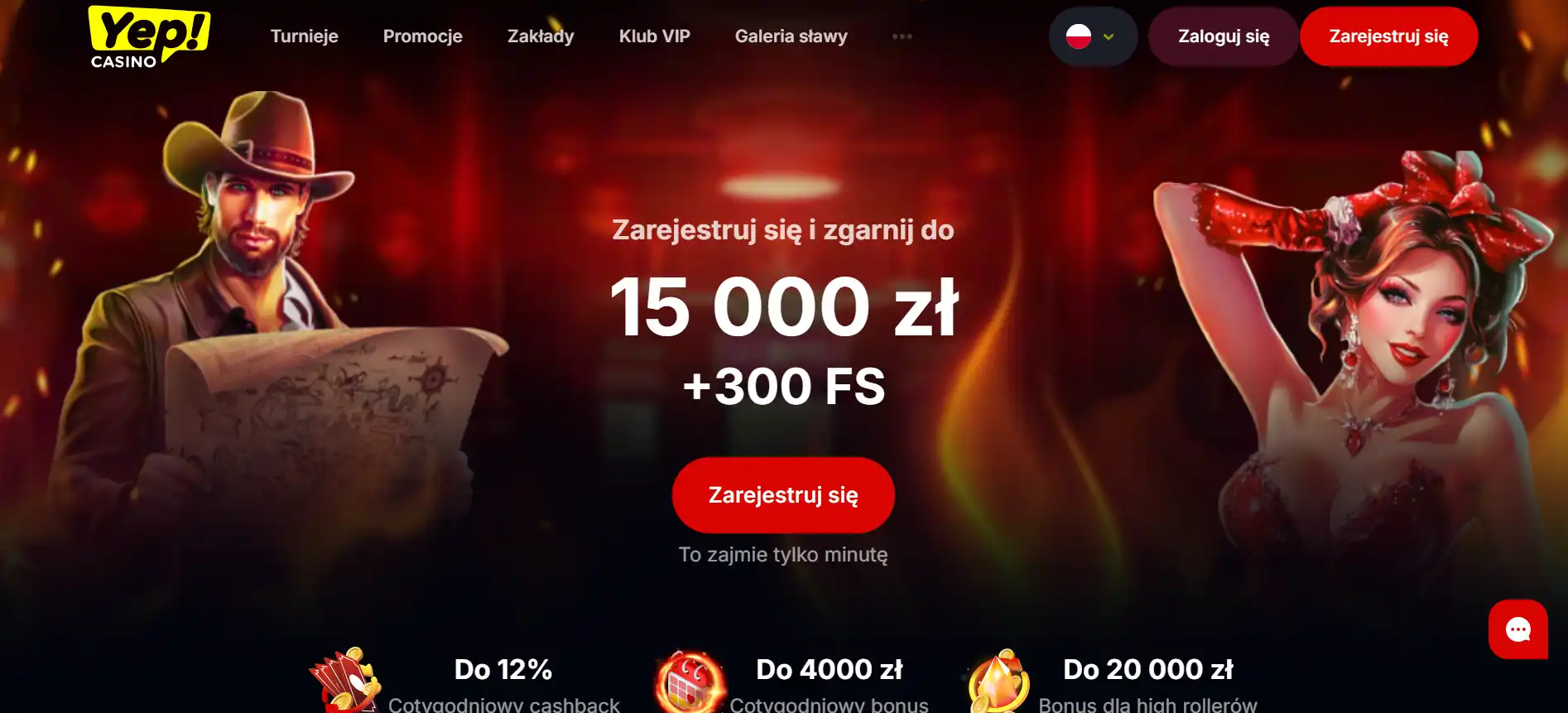 Polska strona główna Yep Casino z widocznym pakietem powitalnym i kategoriami gier